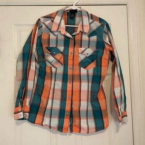 Plaid Button-Up Shirt in Orange and Teal